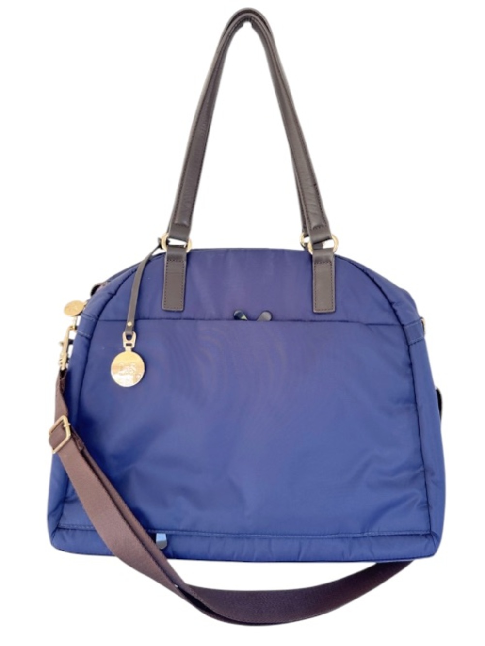 Lo & Sons OG navy blue nylon brown leather trim gold hardware laptop tote bag